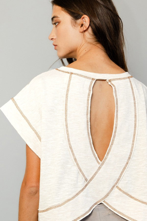 Cream open-back crop top brown reverse stitching