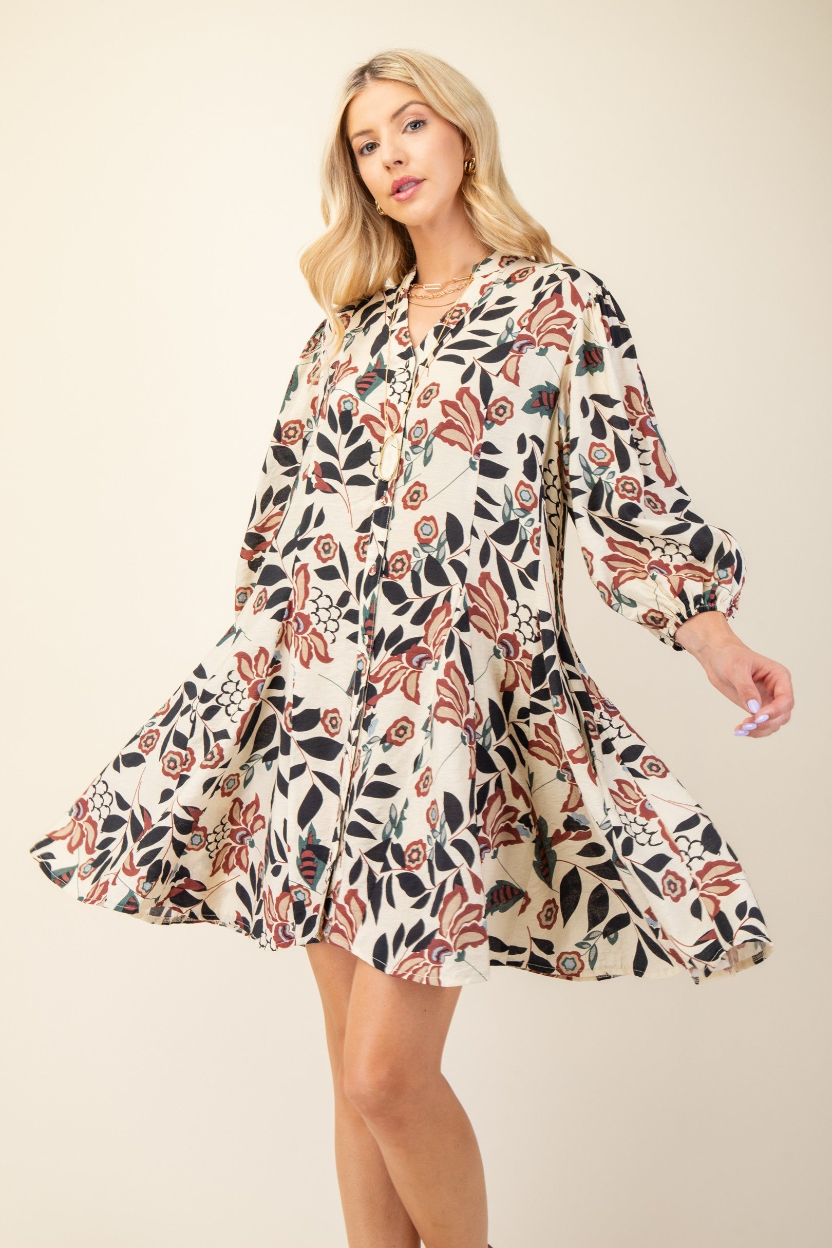 Brown, burgundy & black Floral Print 3/4 Sleeve Shirt Dress
