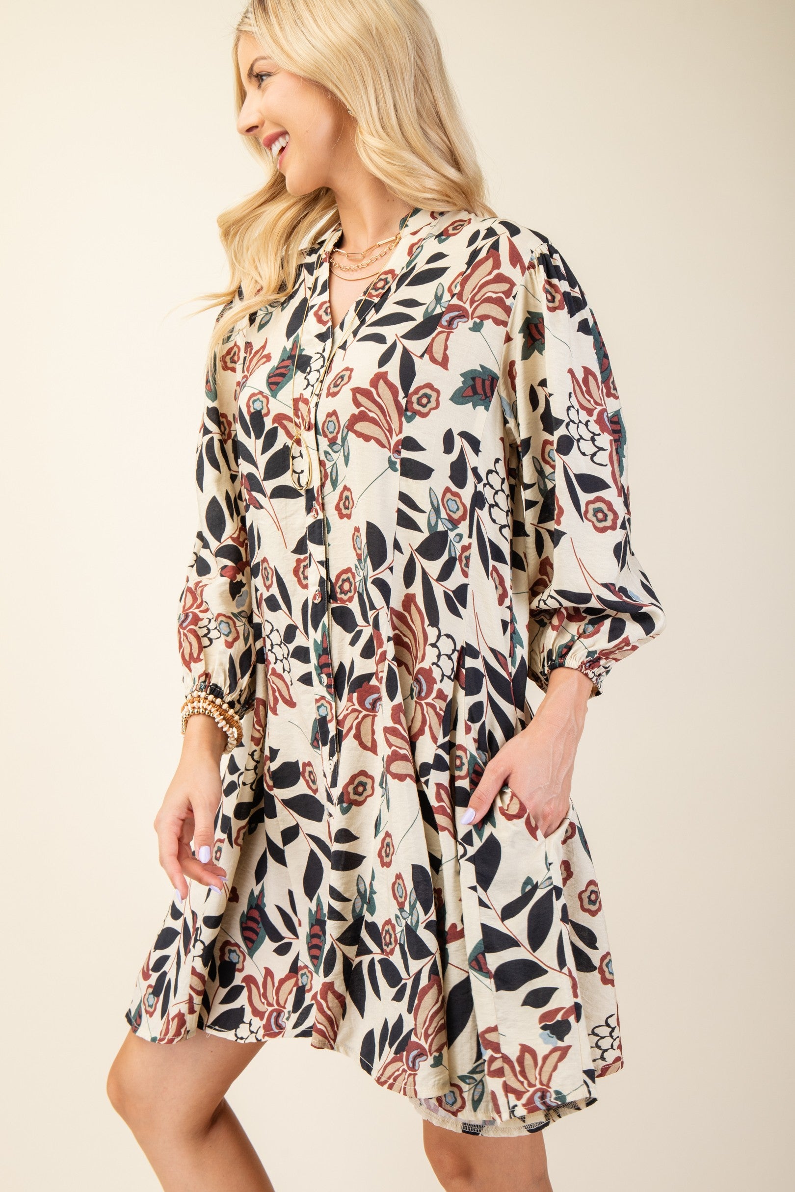 Brown, burgundy & black Floral Print 3/4 Sleeve Shirt Dress