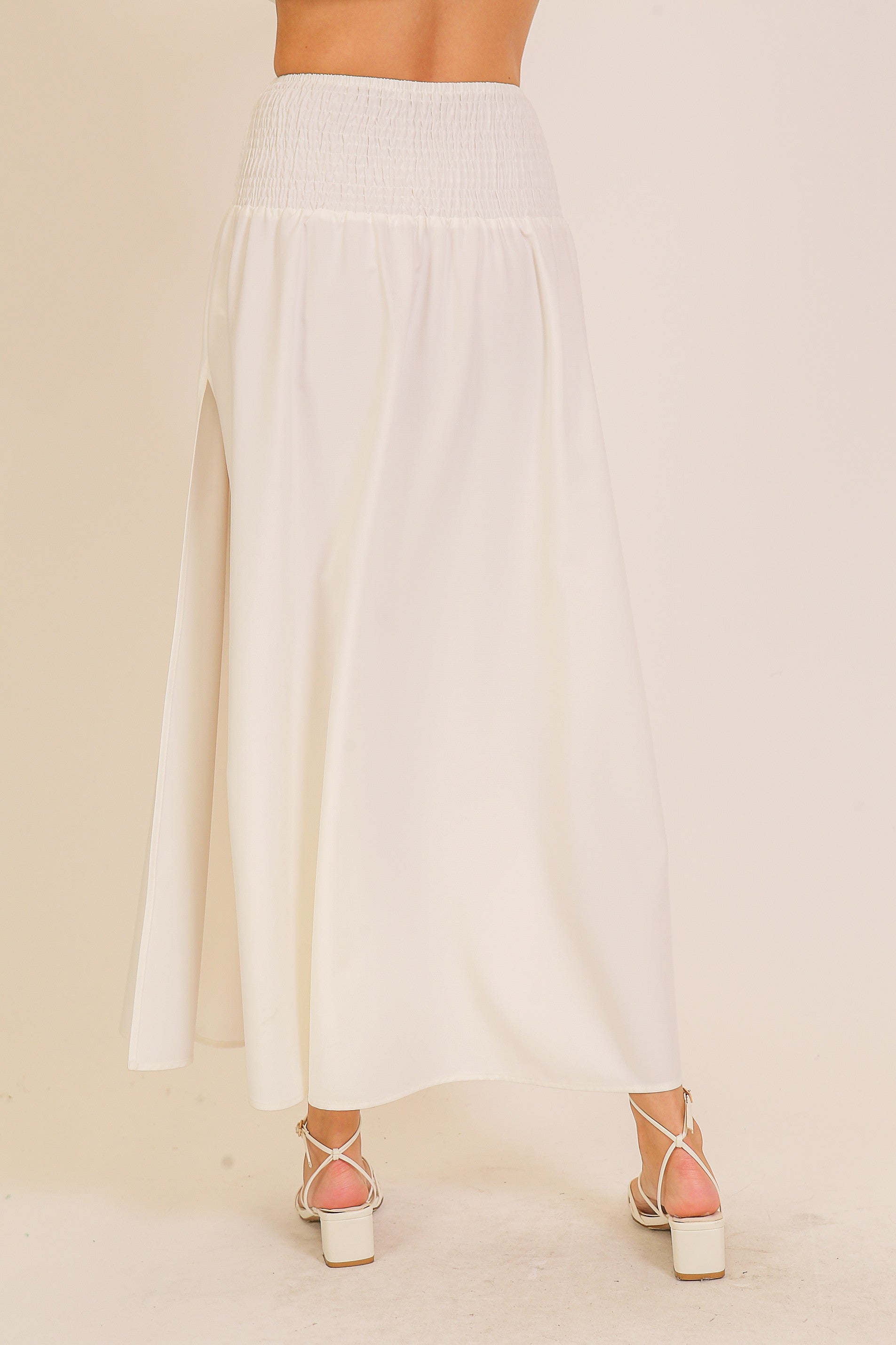 White Smock-Waisted Maxi Skirt with Slit
