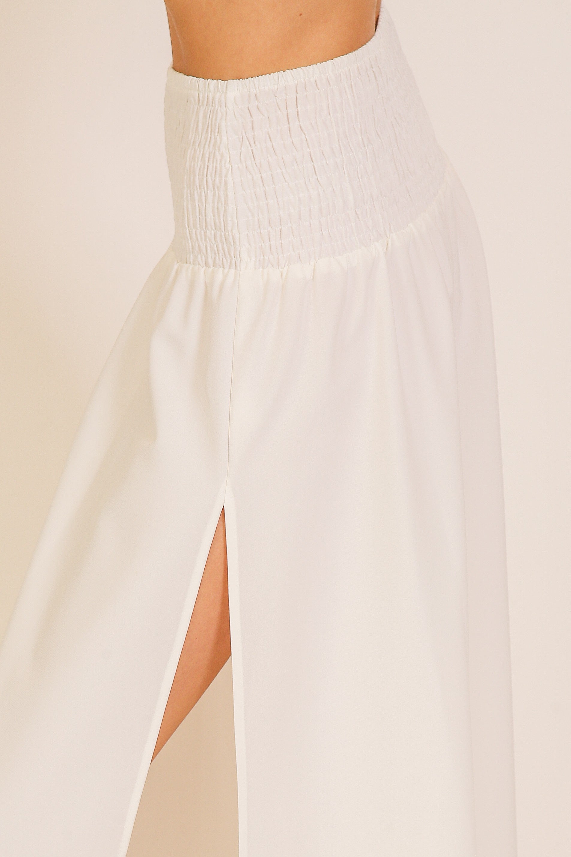 White Smock-Waisted Maxi Skirt with Slit
