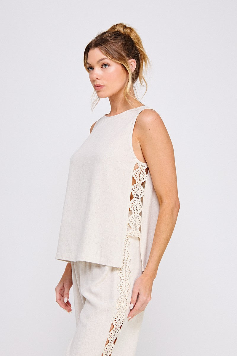 Oatmeal colored Lace Trimmed Linen Relaxed Tunic