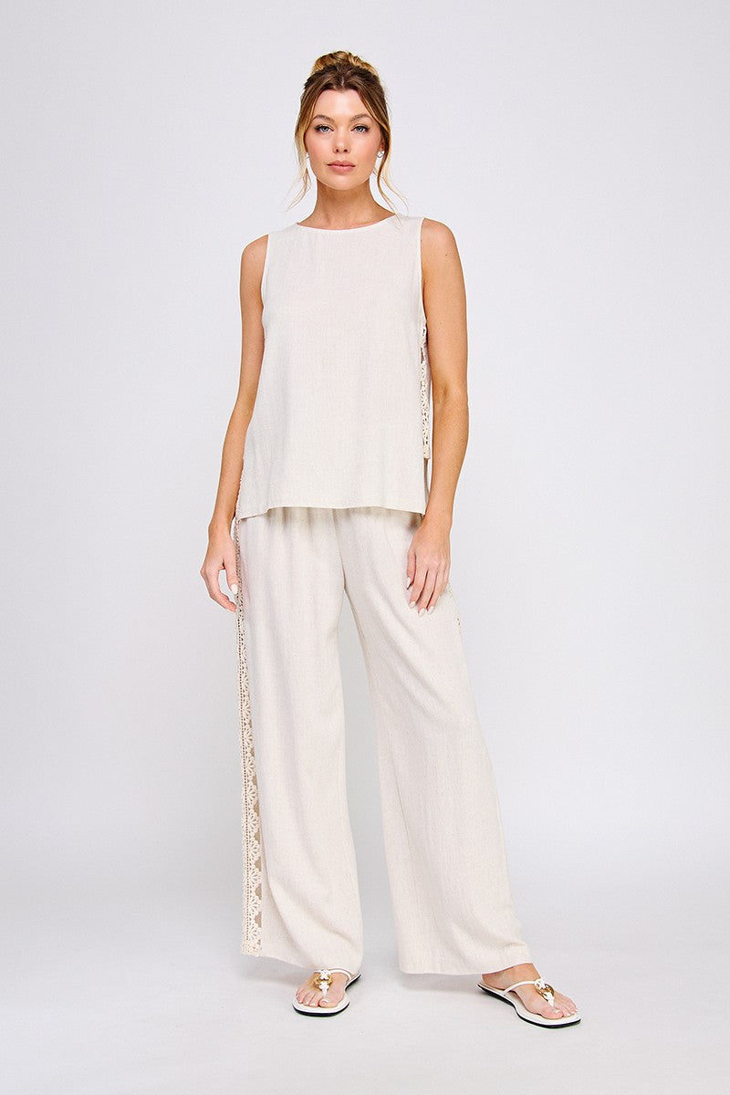 Oatmeal colored Lace Trimmed Linen Relaxed Tunic & Pants