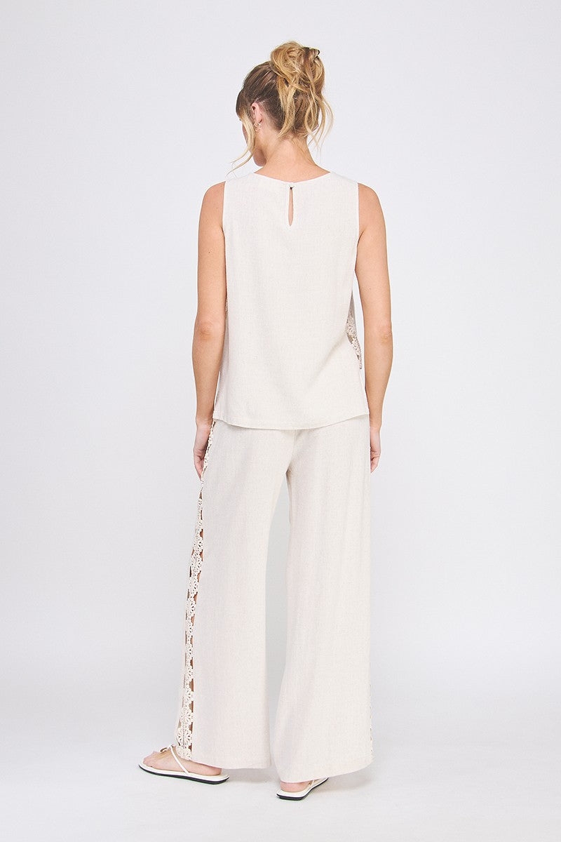 Oatmeal colored Lace Trimmed Linen Relaxed Tunic & Pants