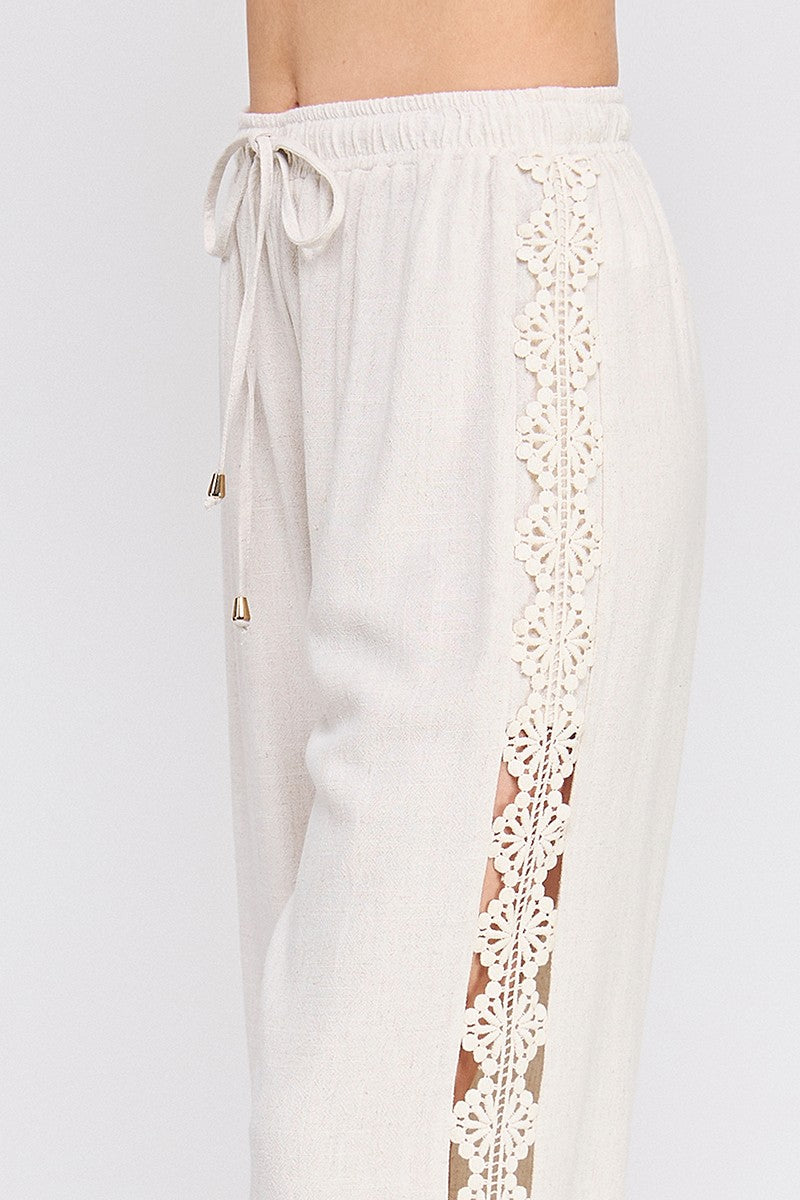 Oatmeal Lace Trim Wide-Leg Linen-Blend Pants