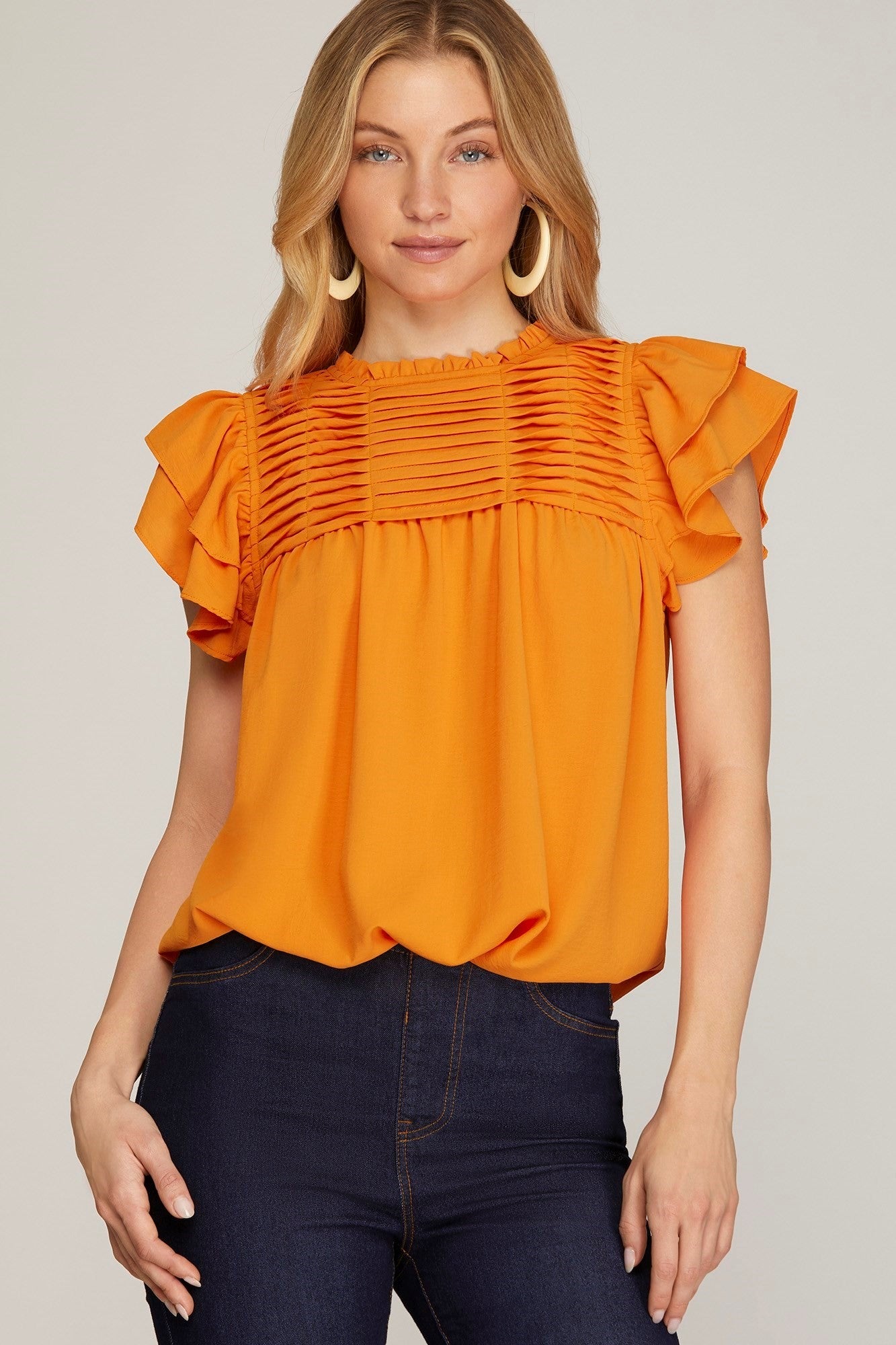 Orange Pleated Flutter-Sleeve Blouse