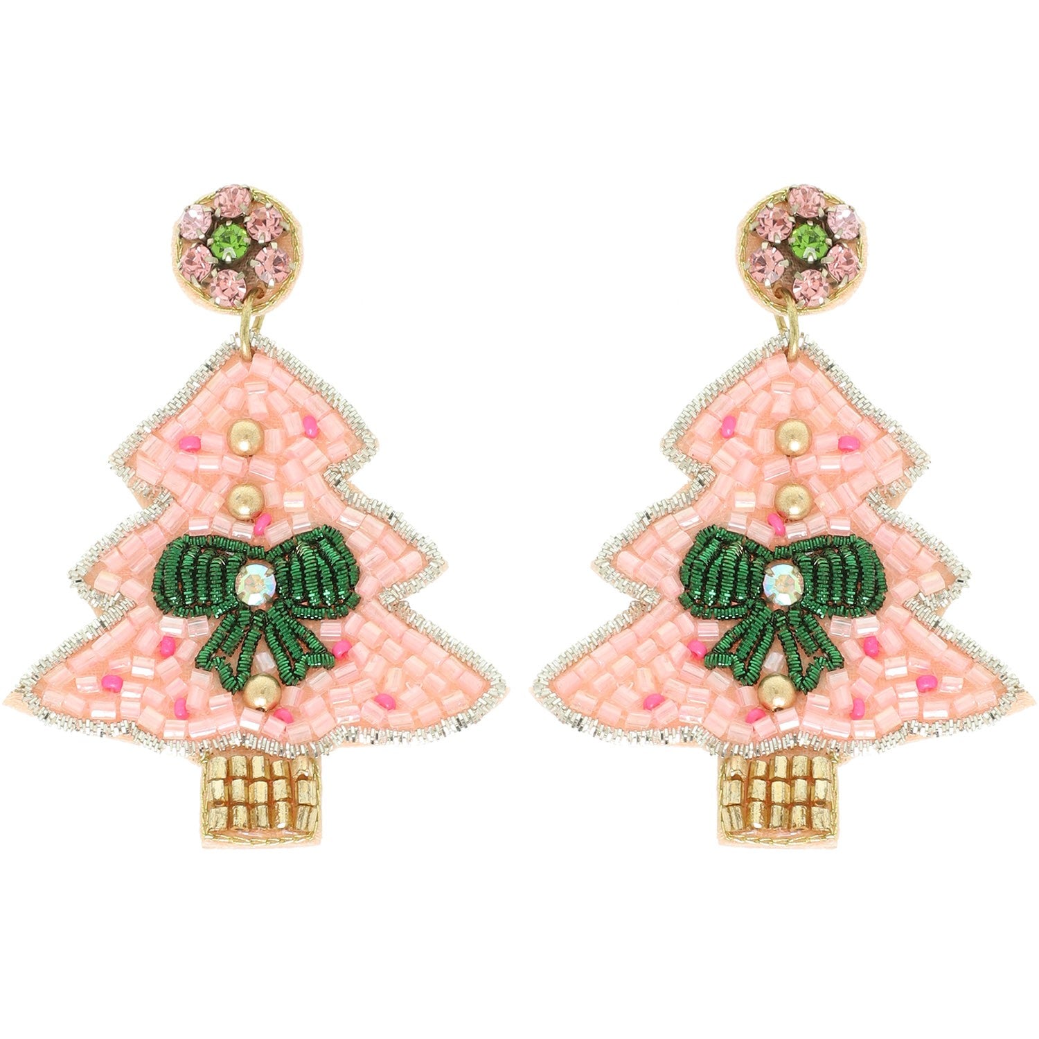 Pink Jeweled Christmas Tree Earrings