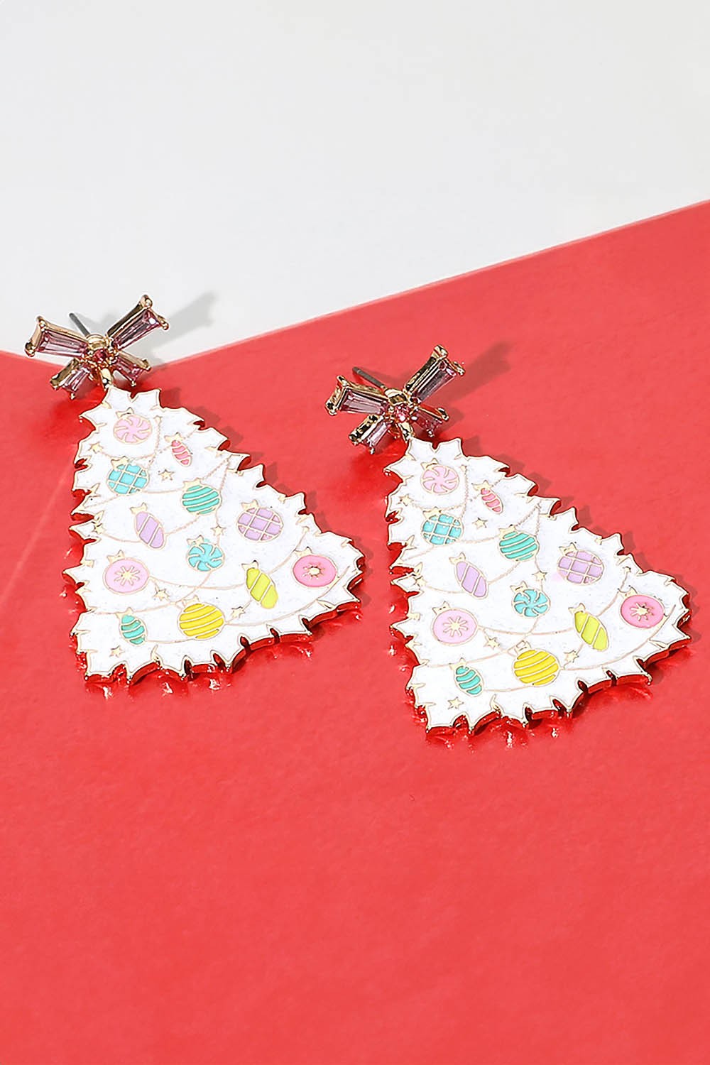 Bow Top White Christmas Tree Earrings