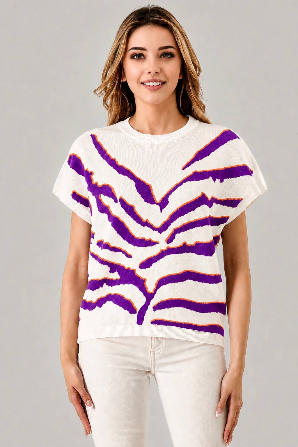 Purple & Orange Tiger Print Knit Vest Top