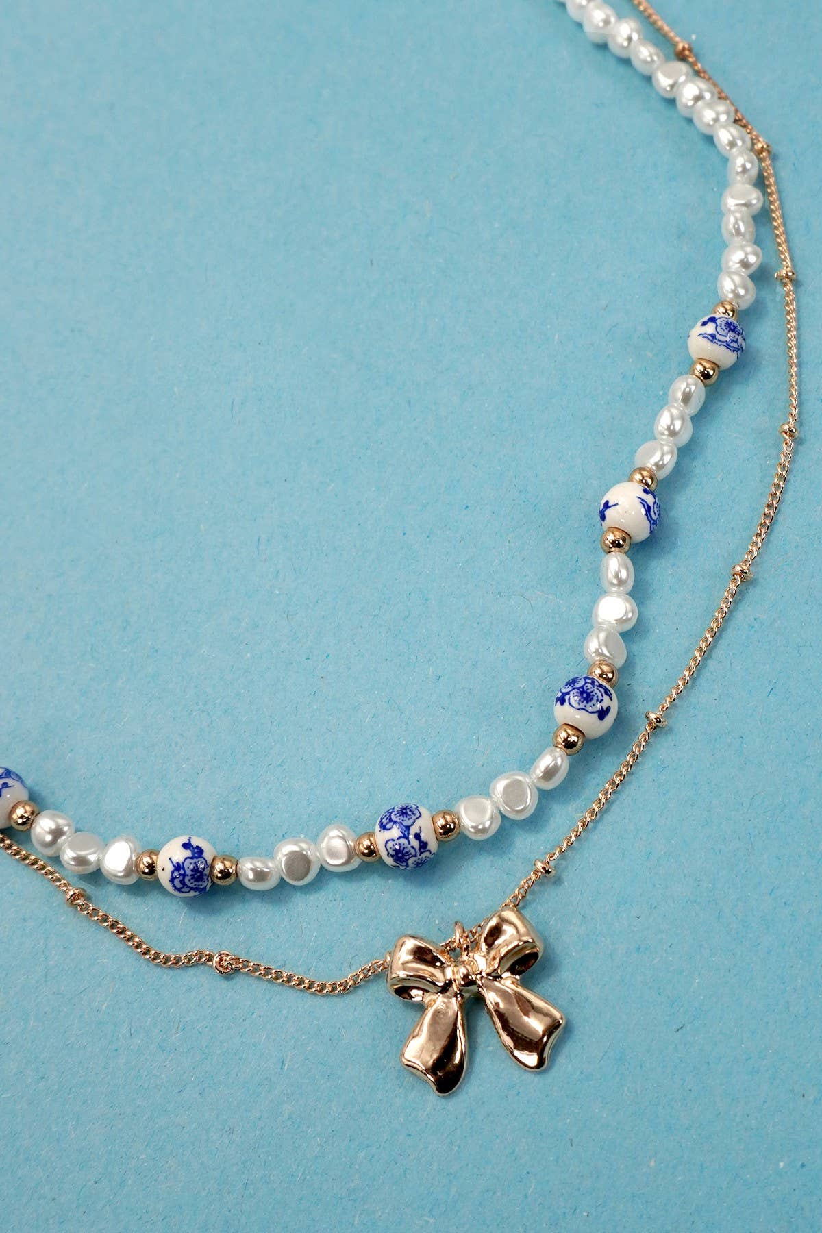 Blue Chinoiserie Pearl Bow Necklace