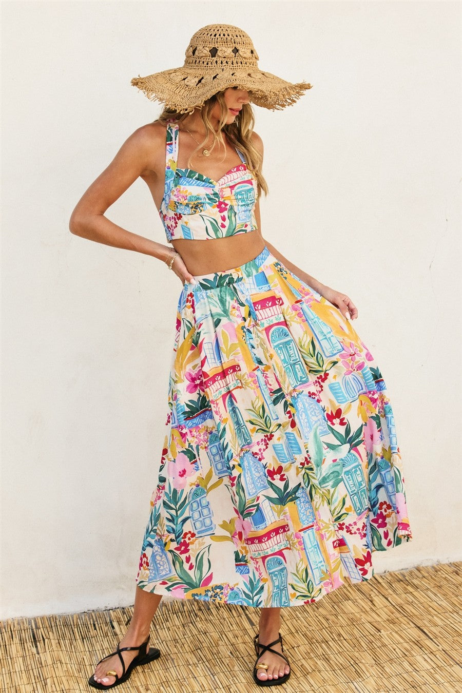 Multi-Color Mediterranean Print Halter crop top skirt set
