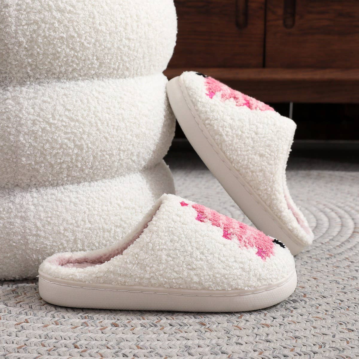 White slippers with Pink Christmas Trees