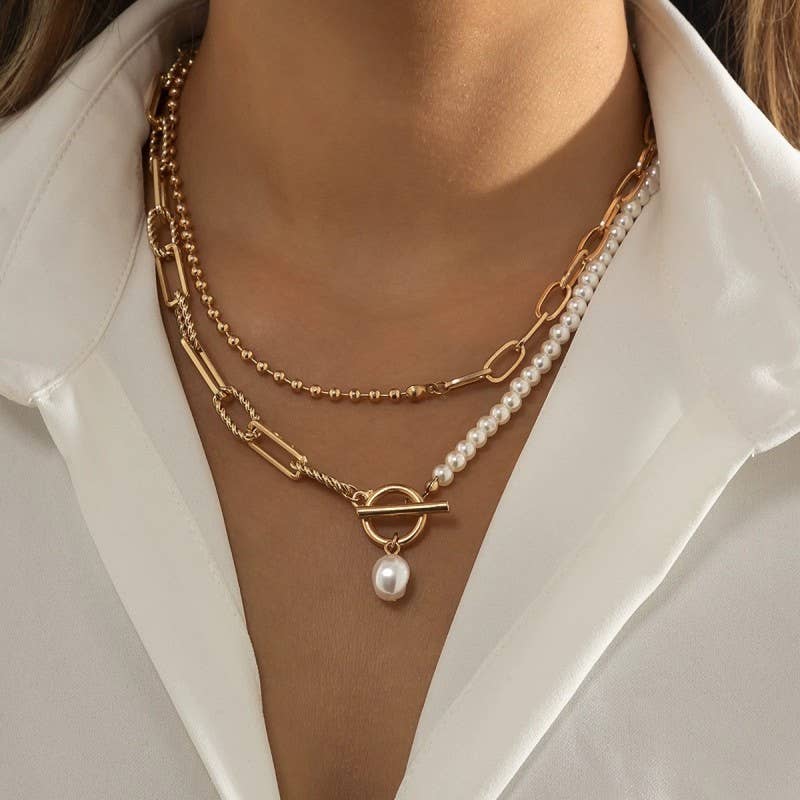 Layered Pearl and Gold Chain Toggle Necklace