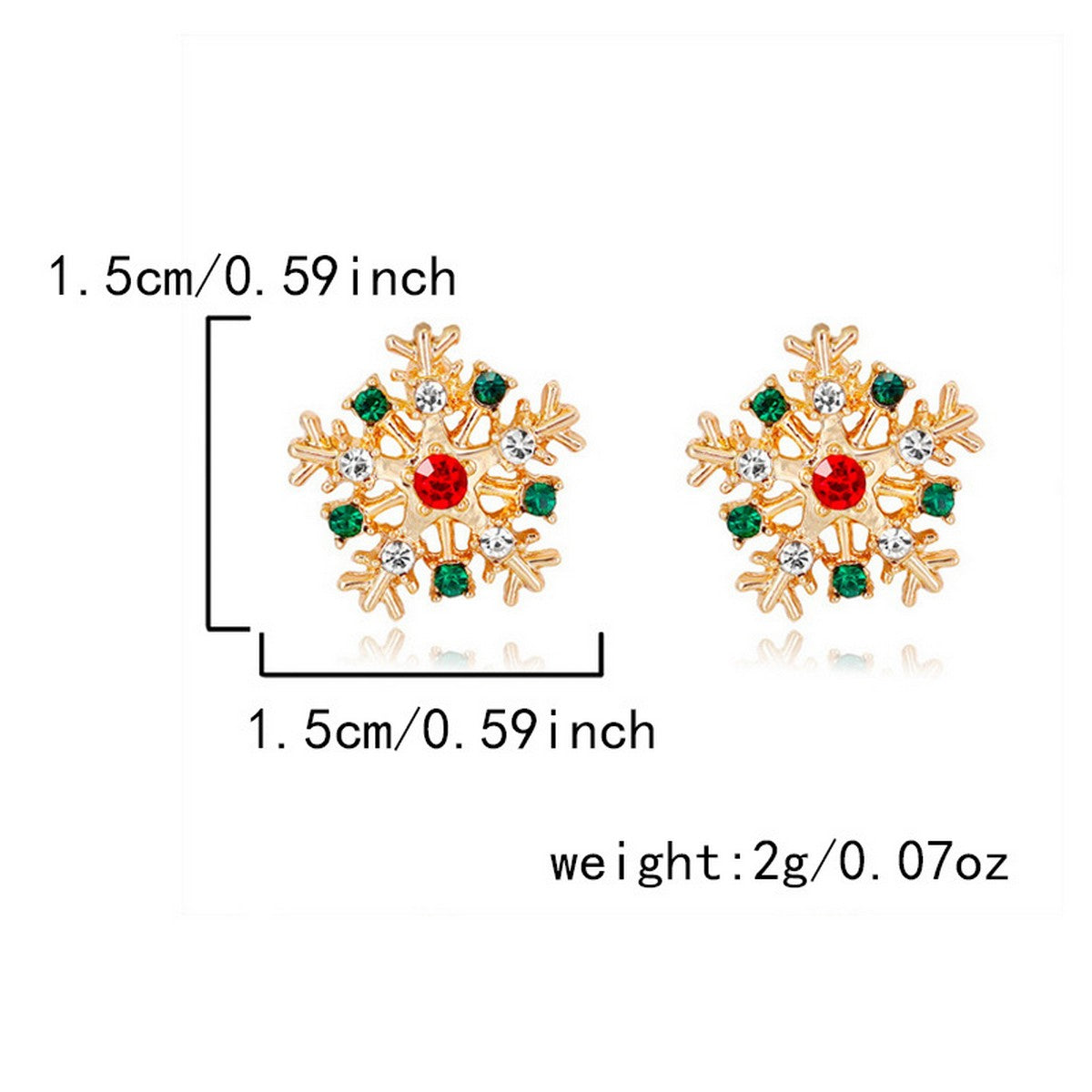 gold snowflake earrings with red and green stones