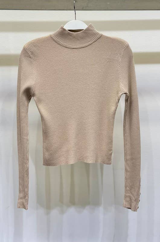 Camel Mock Neck Rib Top gold button detail on the sleeve