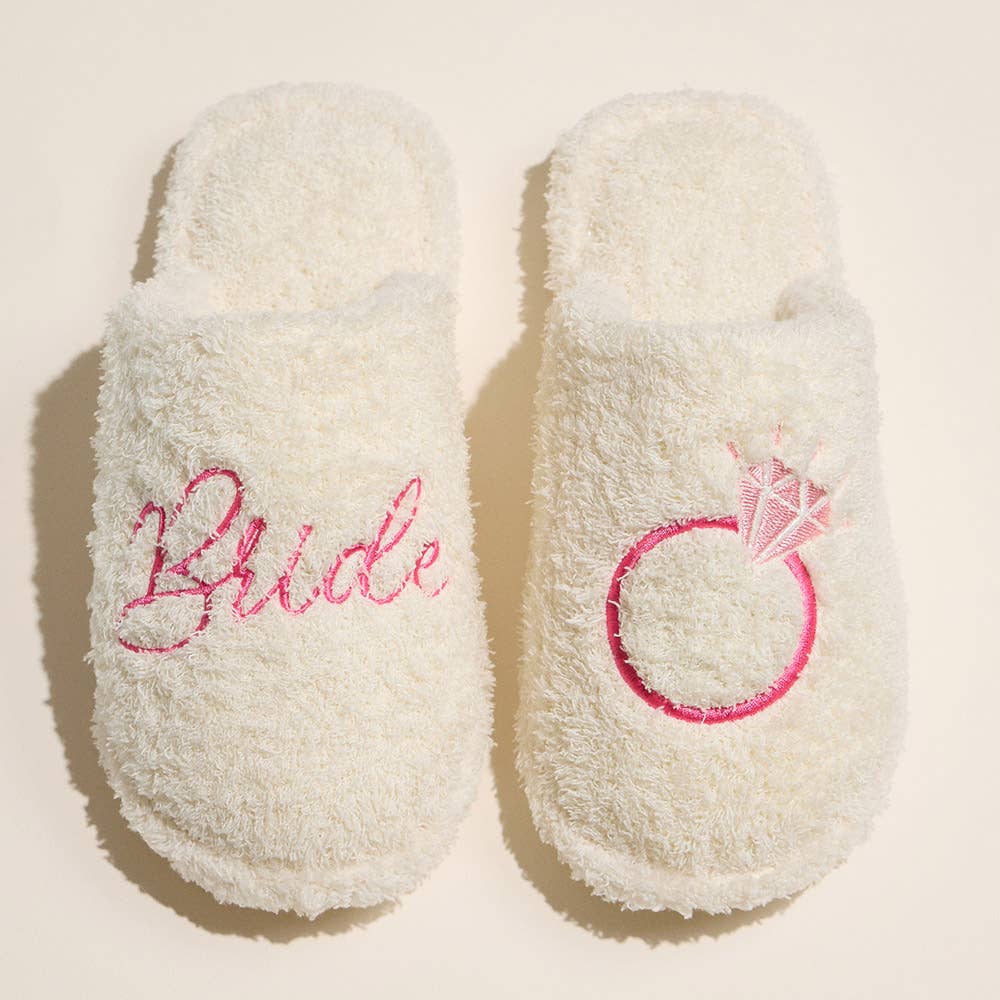 White and Pink Bride & Ring Embroidered Slippers