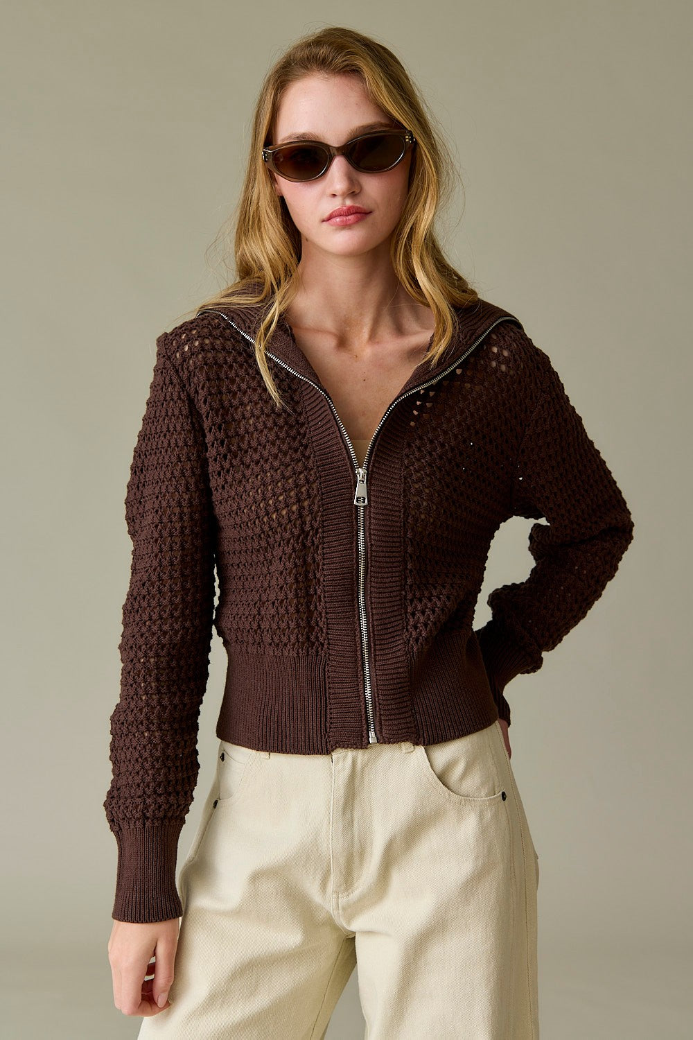 "Mila" Front Zip chocolate brown Knit Cardigan