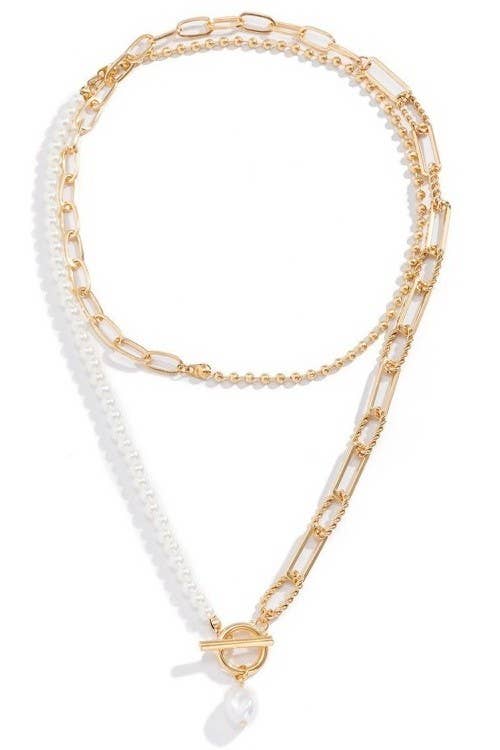 Layered Pearl and Gold Chain Toggle Necklace