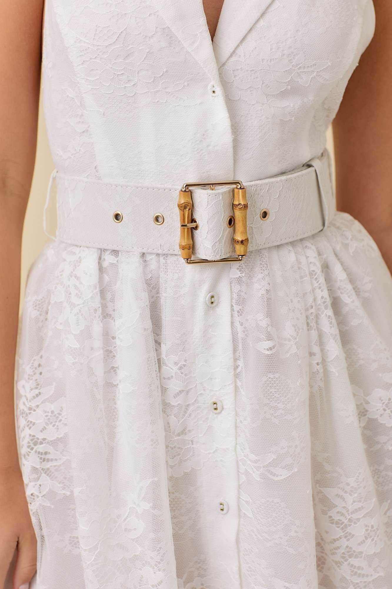 White Lace Halter Tuxedo Belted Dress