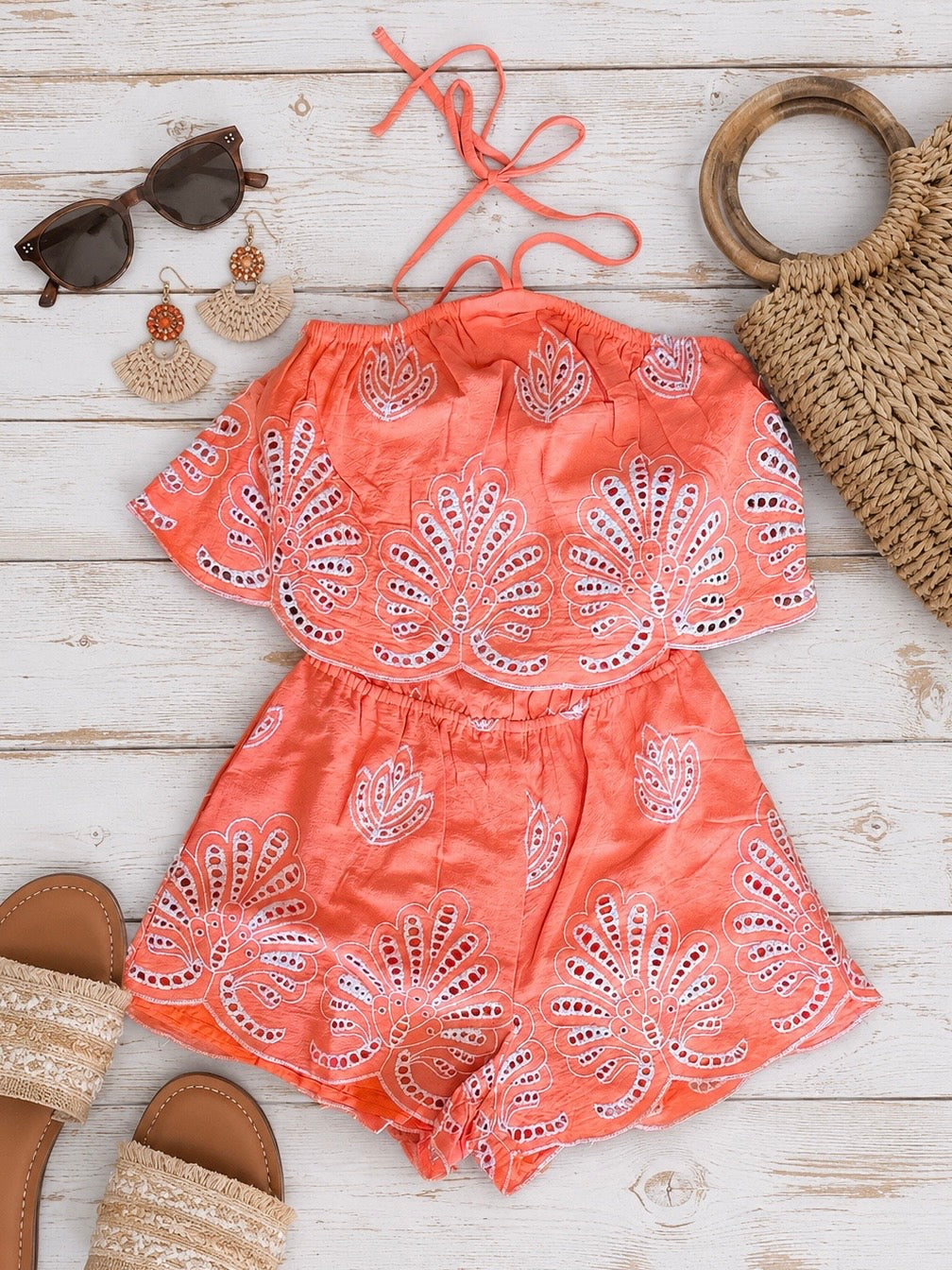 Orange Eyelet Embroidered Romper