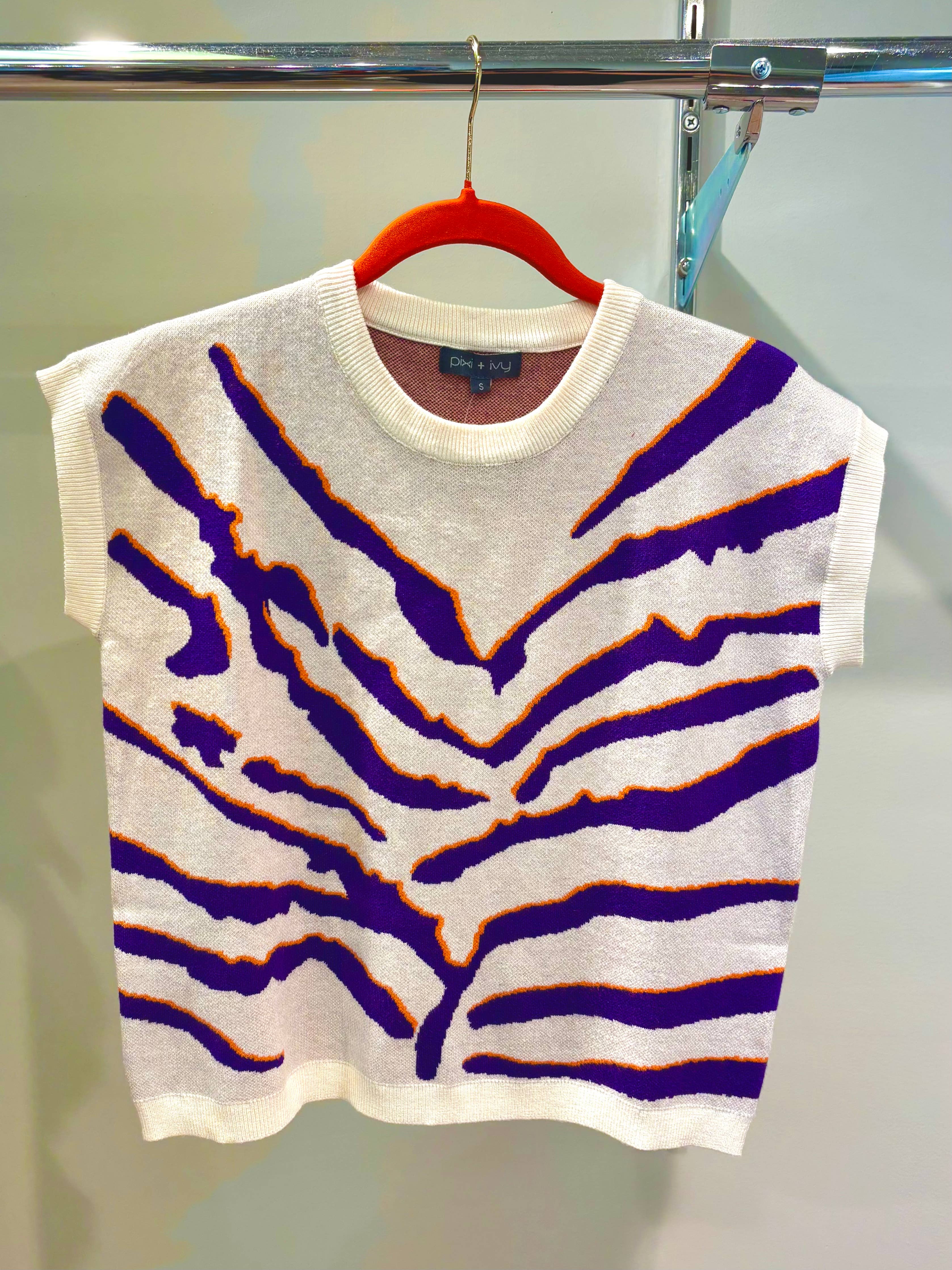 Purple & Orange Tiger Print Knit Vest Top