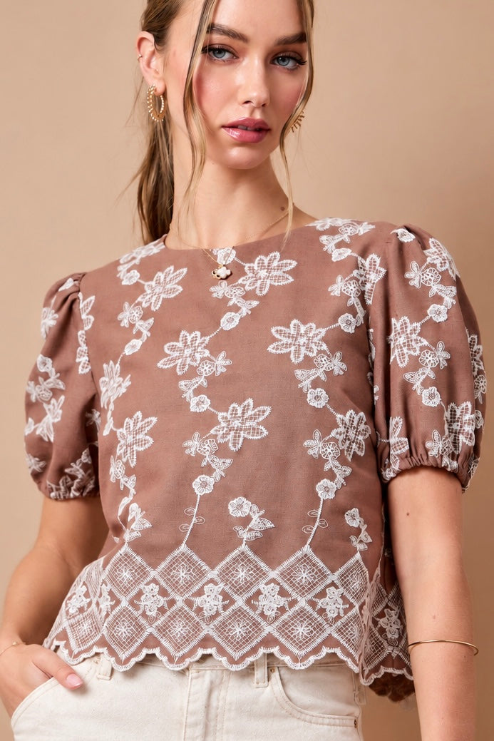 Embroidered Brown & Cream Top