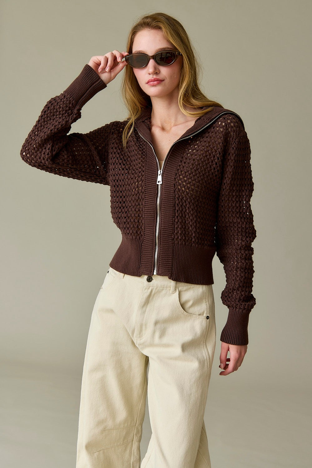 "Mila" Front Zip chocolate brown Knit Cardigan