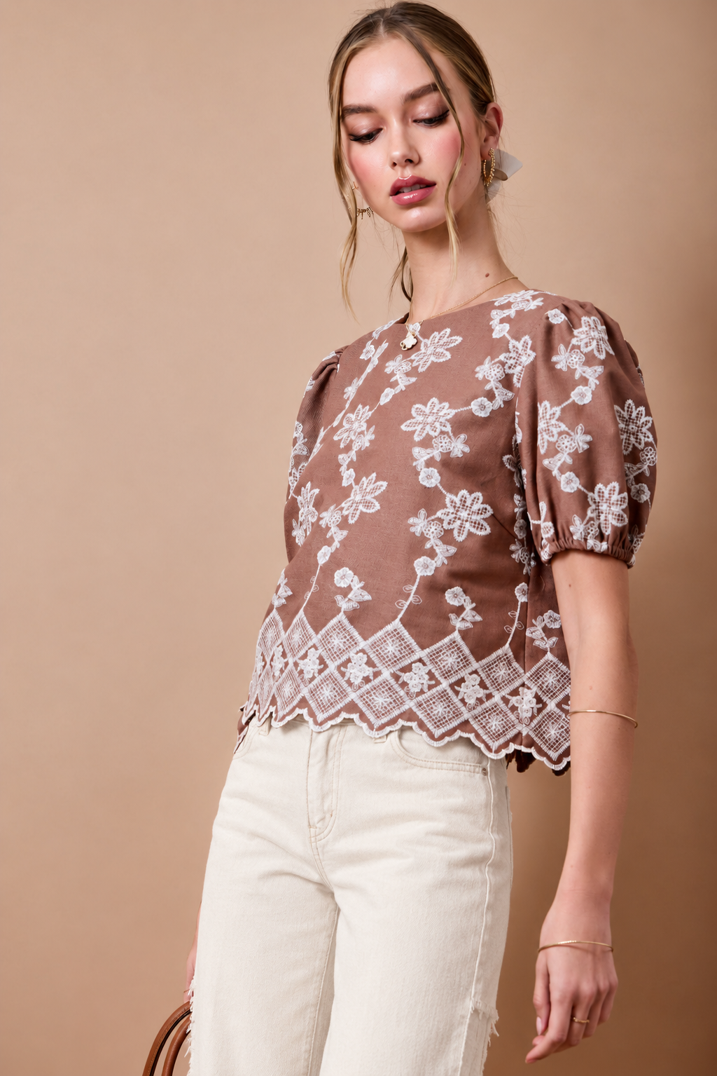 Embroidered Brown & Cream Top