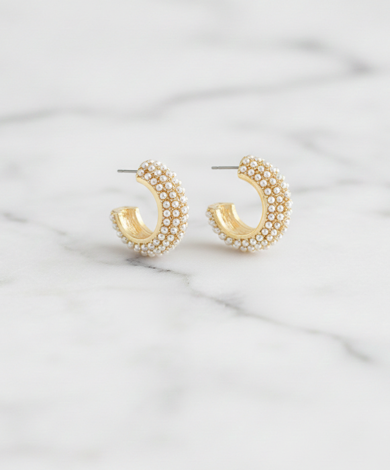Gold and Seed Pearl Pave Hoop Earrings