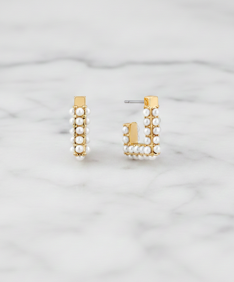 Square Pearl & Gold Hoops