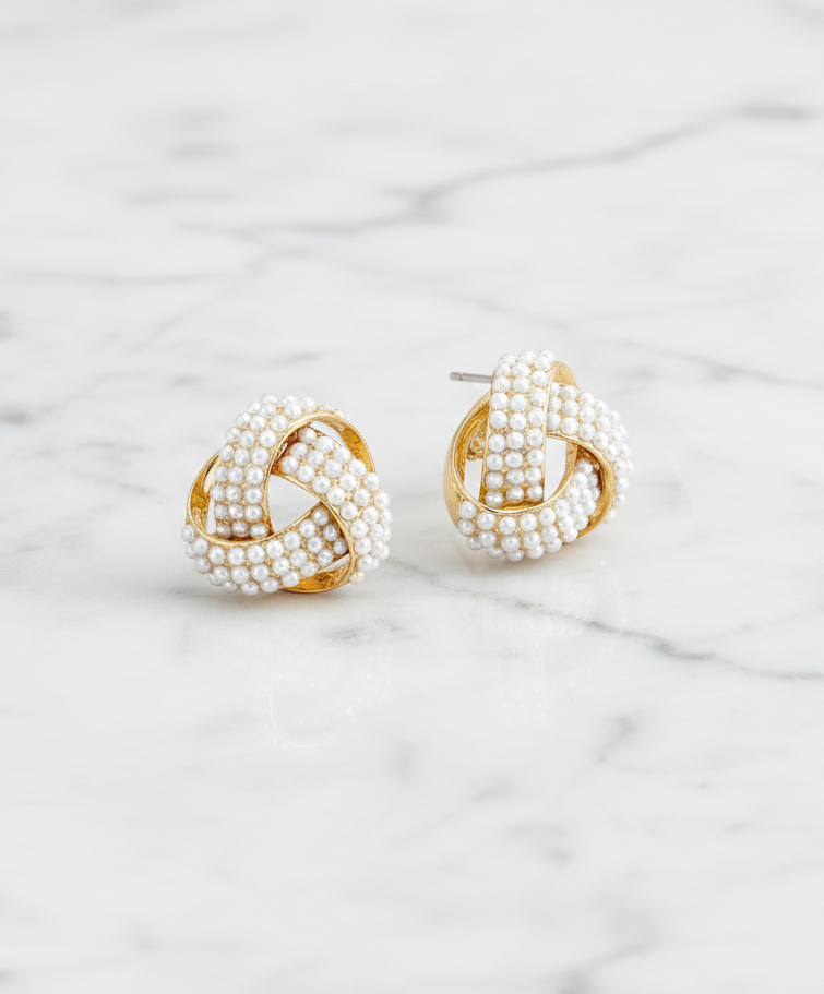 Gold Knotted Pearl Stud Earrings
