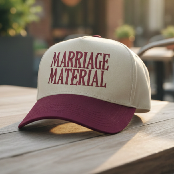 Burgundy & cream "Marriage Material" Trucker Hat
