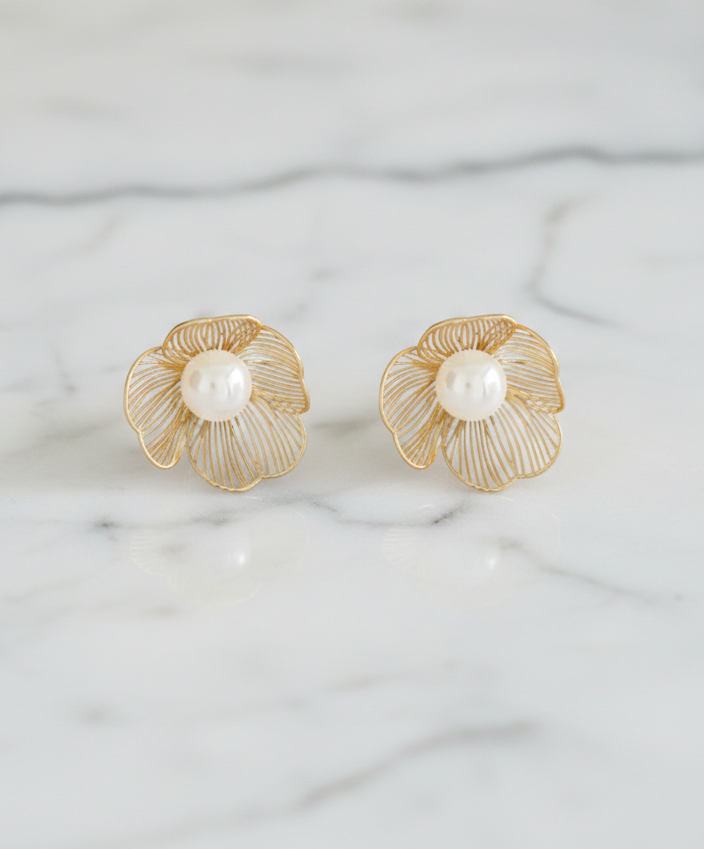 Gold Filigree Flower Pearl Stud Earrings