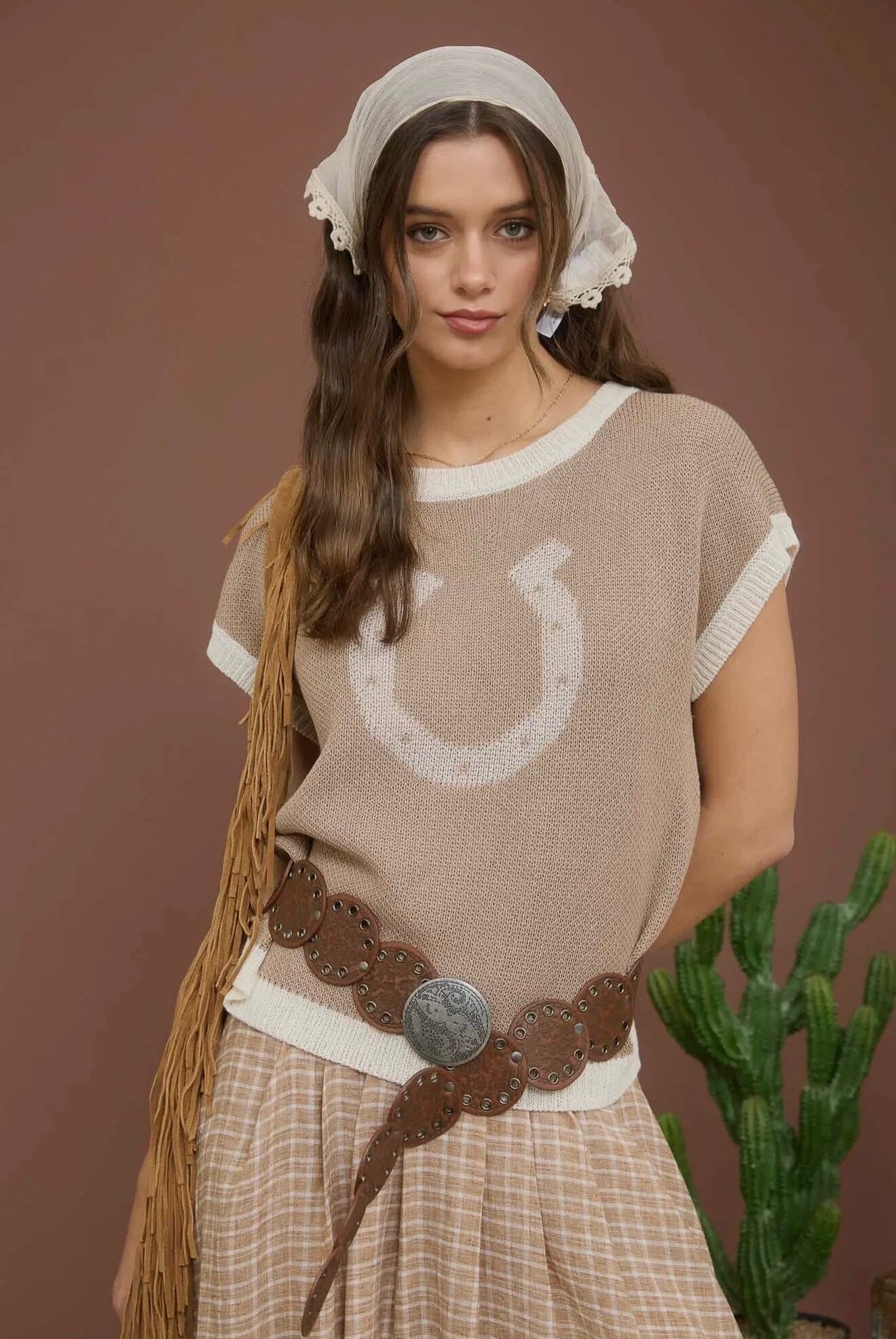 Taupe & Cream Horseshoe Short Sleeve Sweater