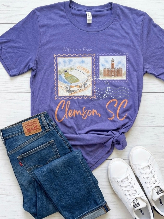 Purple With Love From Clemson Postage Tee