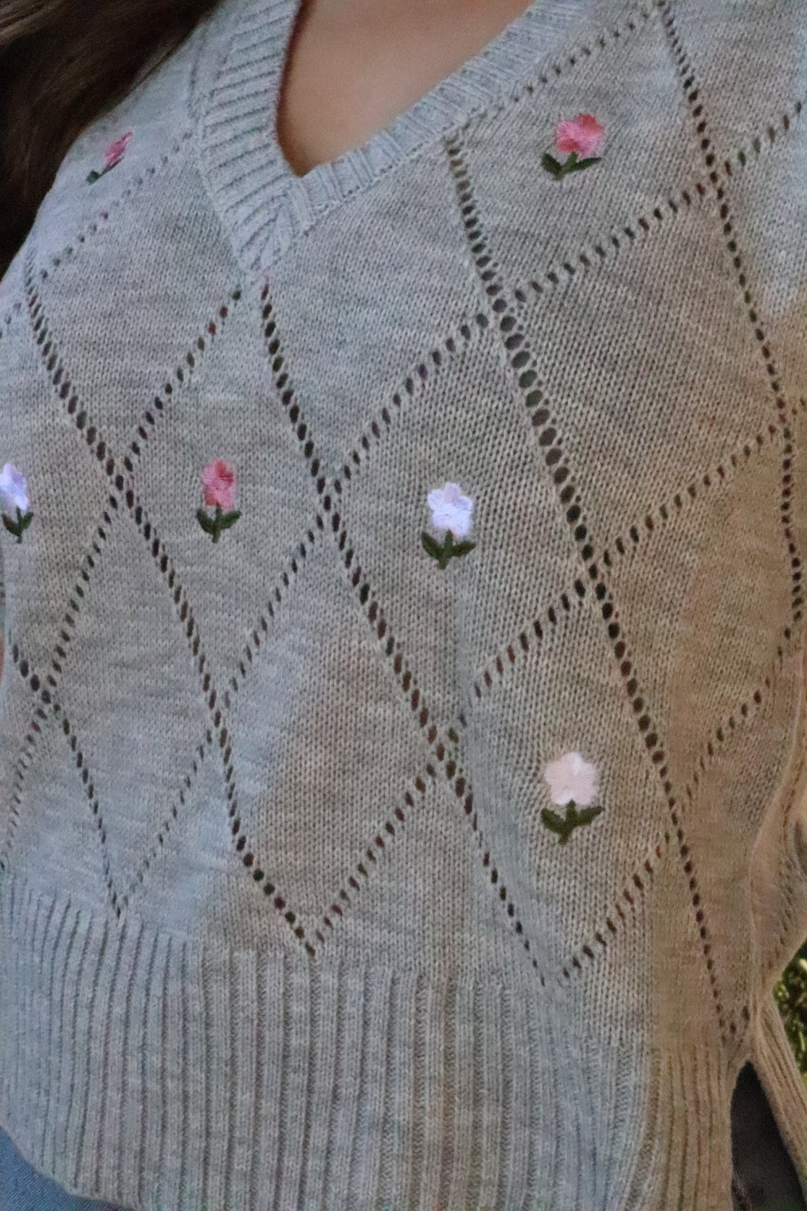 Gray Cable Knit Floral Sweater