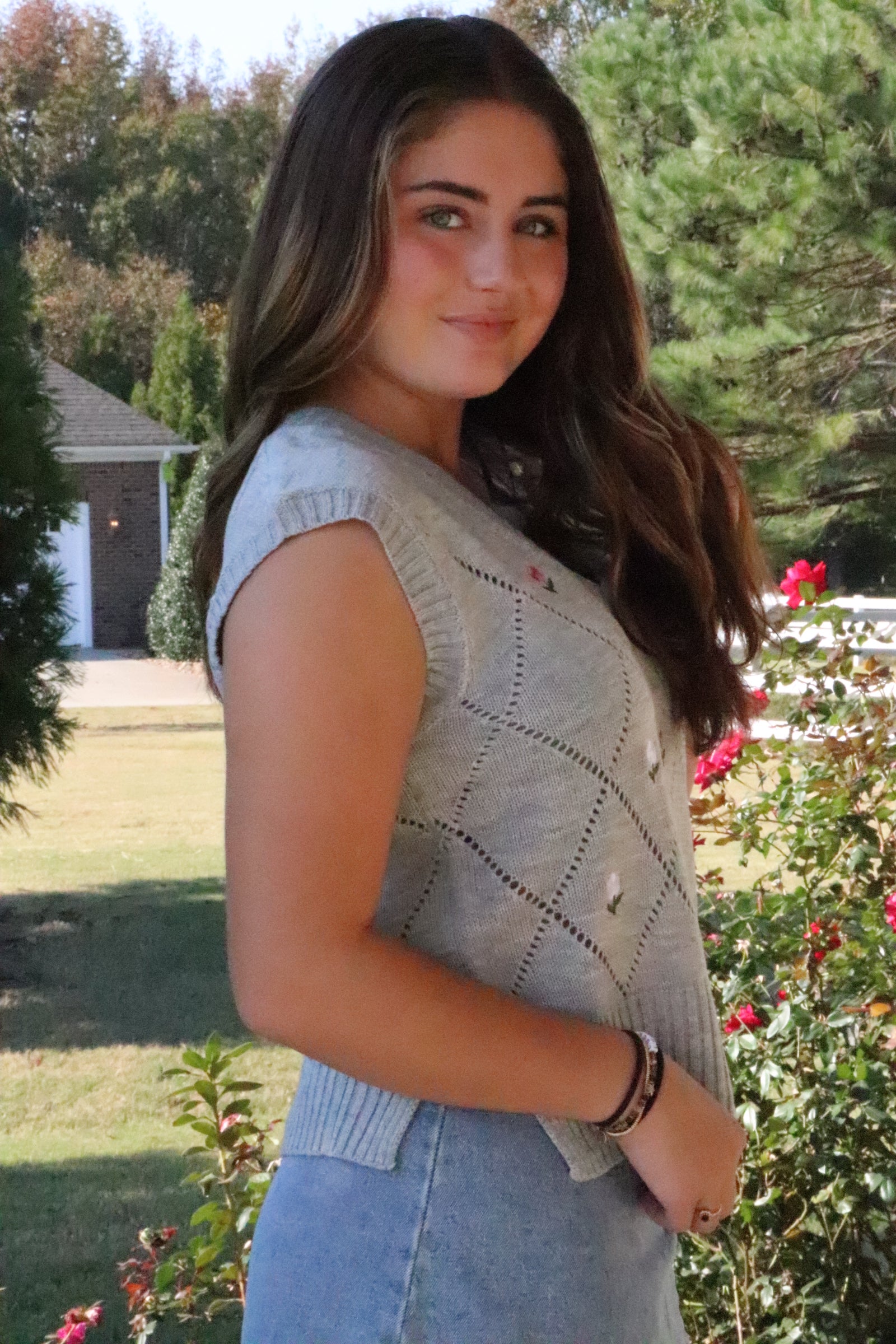 Gray Cable Knit Floral Sweater