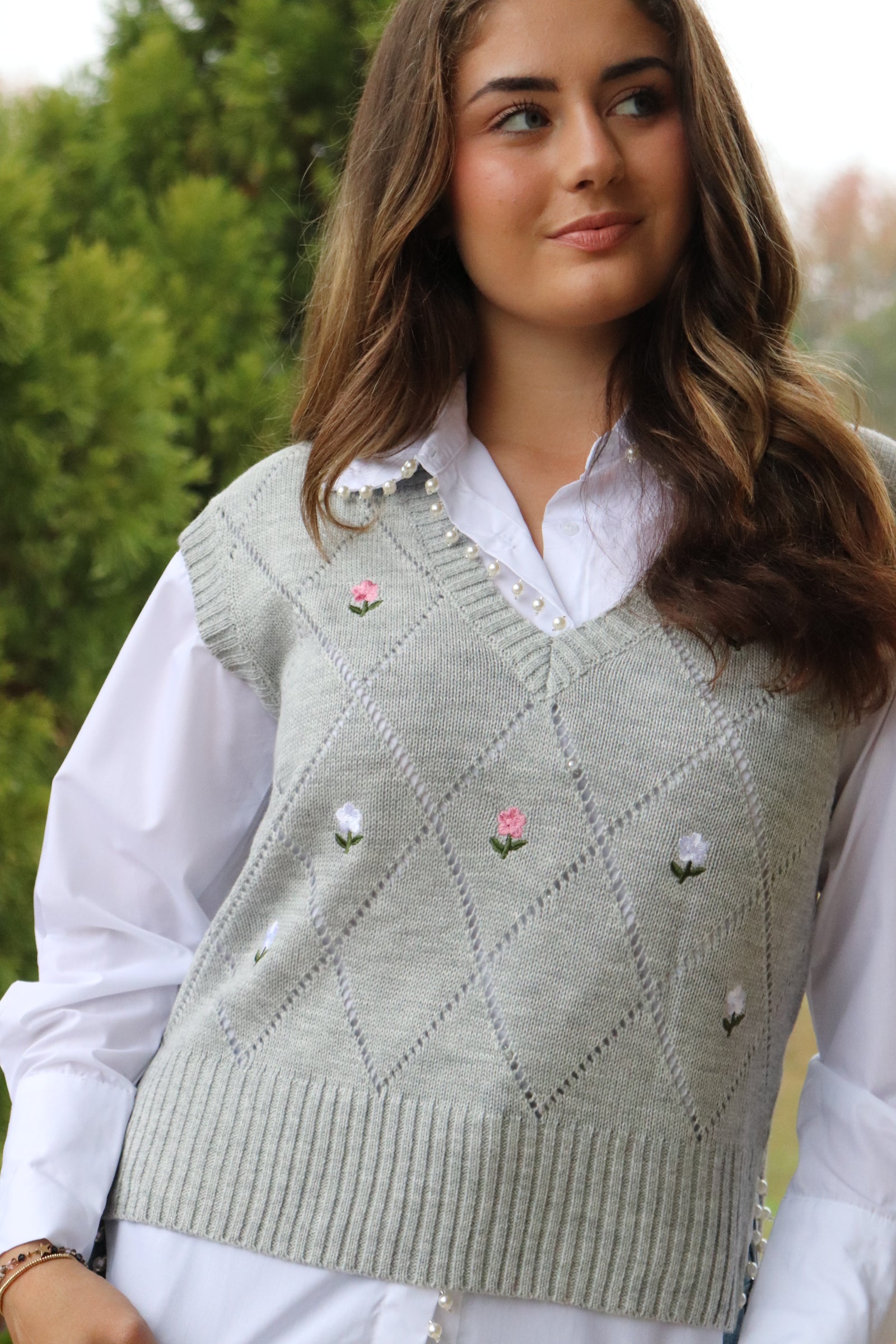 Gray Cable Knit Floral Sweater with white blouse with pearl accents