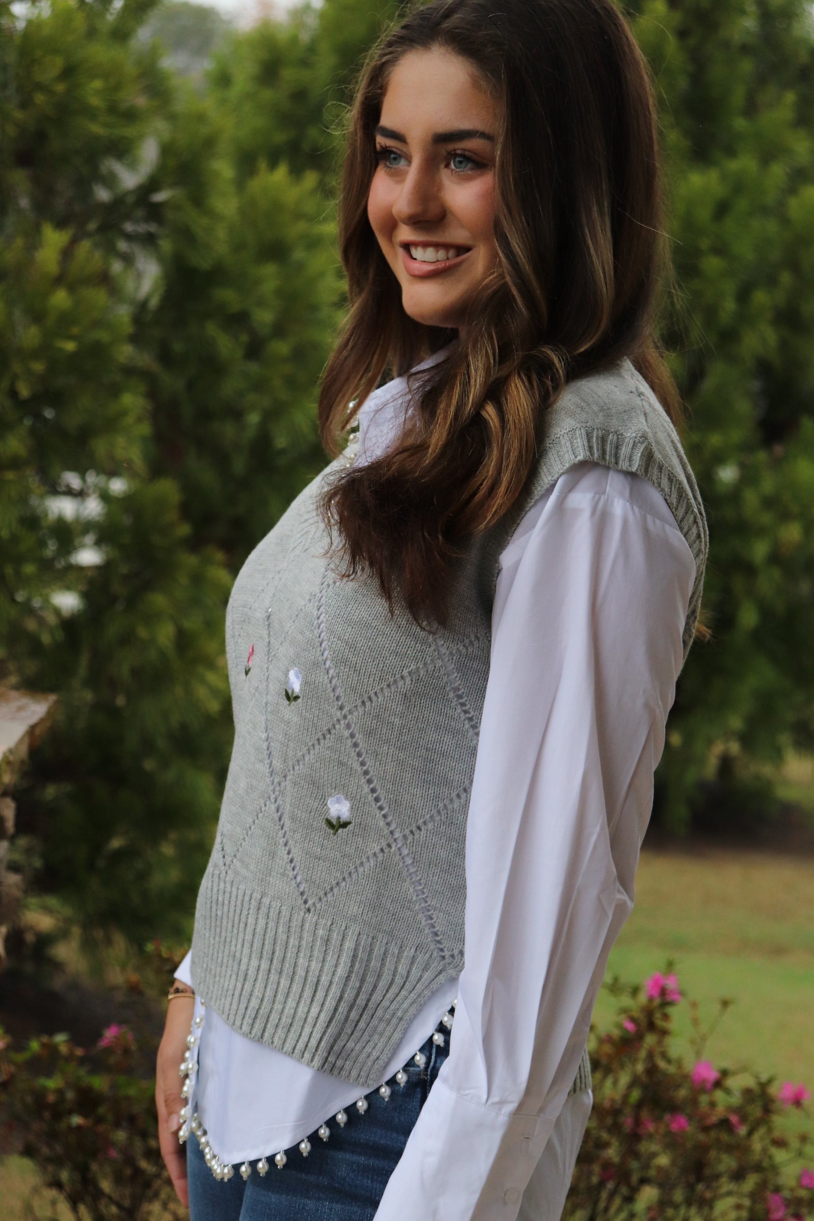 Gray Cable Knit Floral Sweater with white blouse with pearl accents
