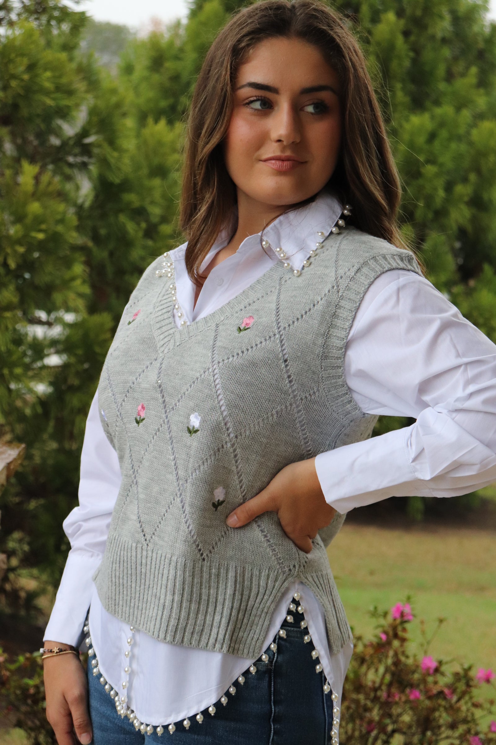 Gray Cable Knit Floral Sweater with white blouse with pearl accents