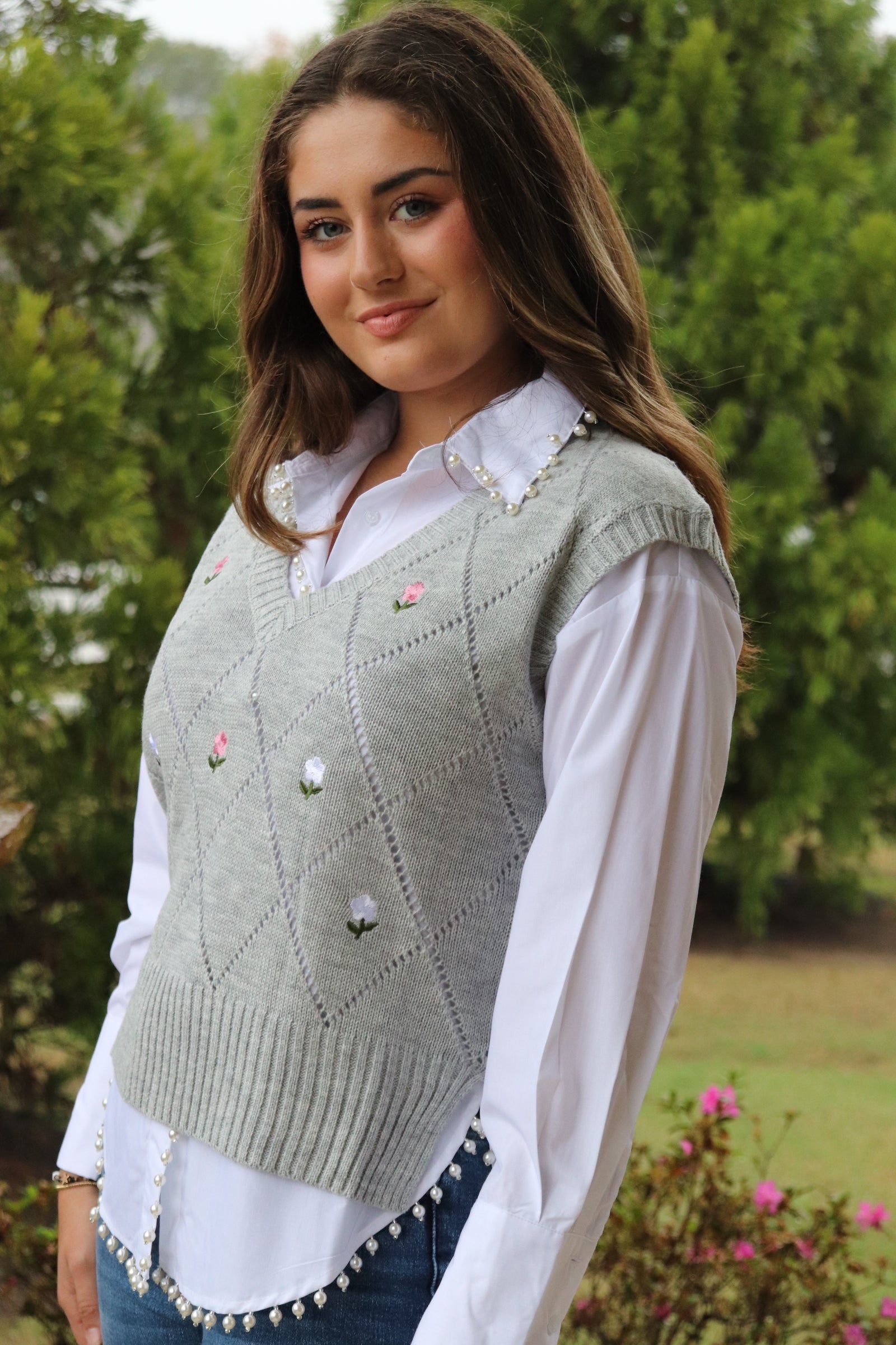 Gray Cable Knit Floral Sweater with white blouse with pearl accents