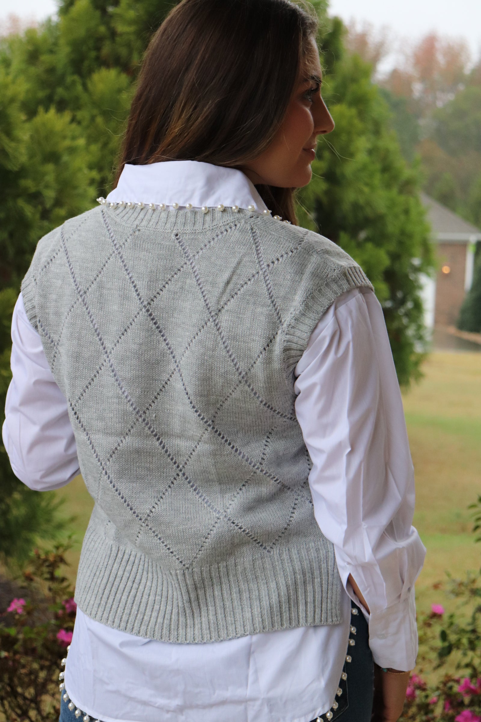 Gray Cable Knit Floral Sweater with white blouse with pearl accents