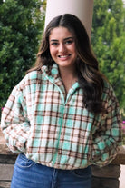 mint green, brown, beige Zip-up Plaid Fuzzy Jacket