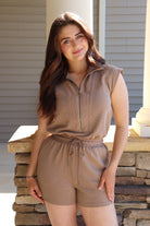Mocha Ribbed Drawstring Romper