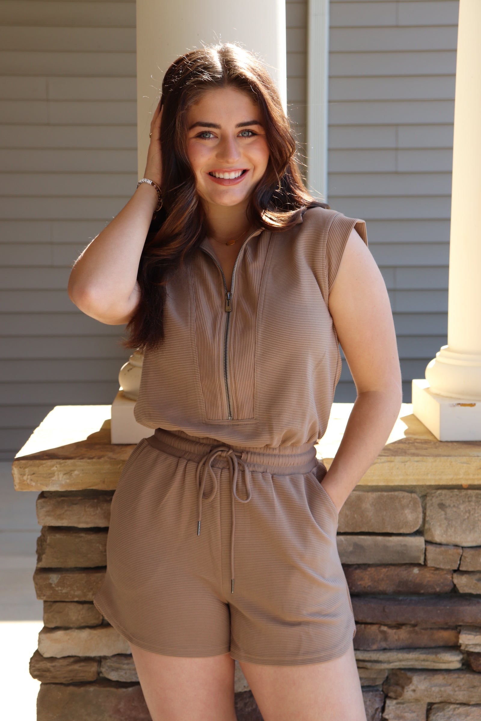 Mocha Ribbed Drawstring Romper