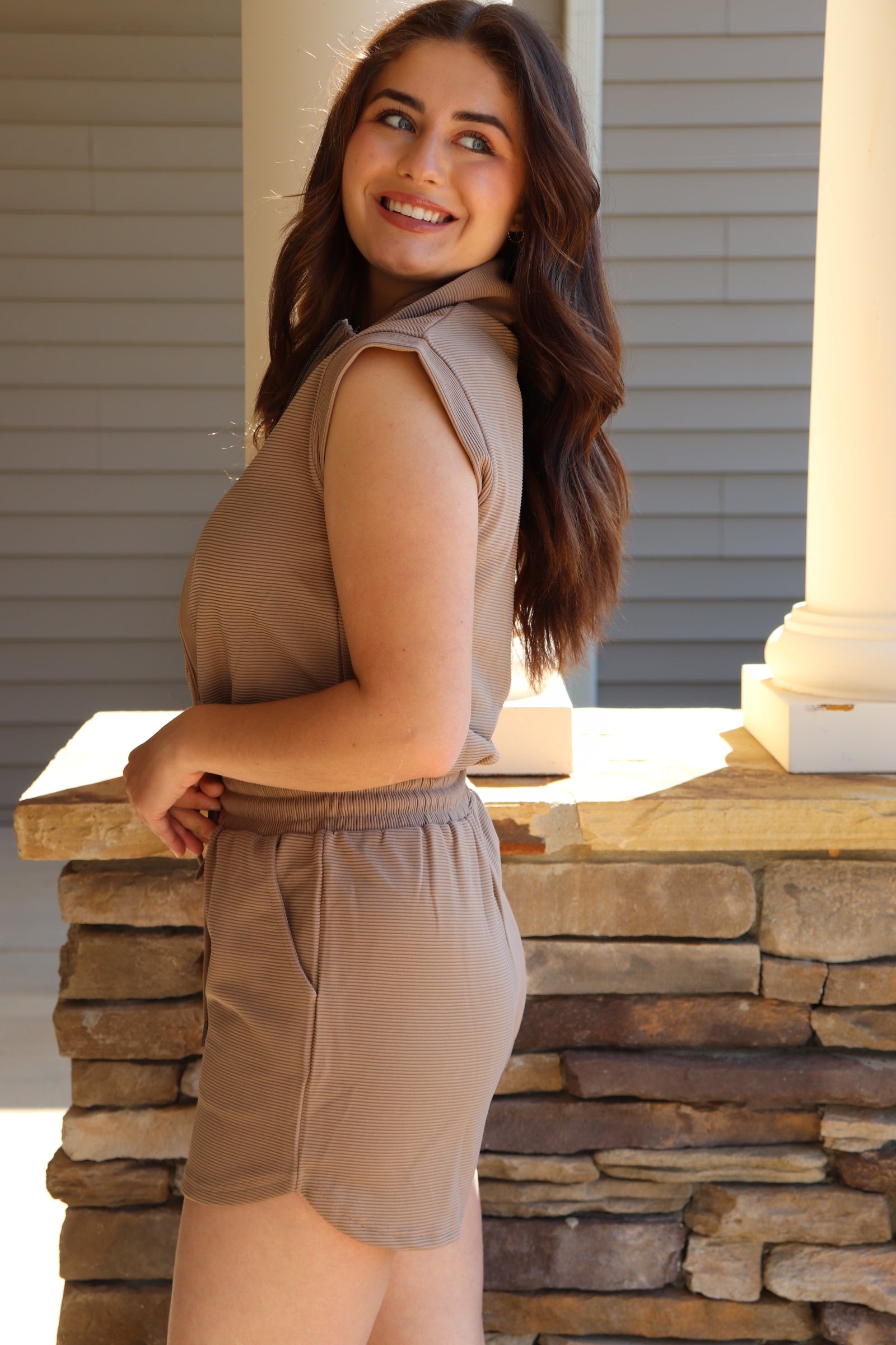Mocha Ribbed Drawstring Romper