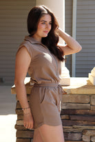 Mocha Ribbed Drawstring Romper