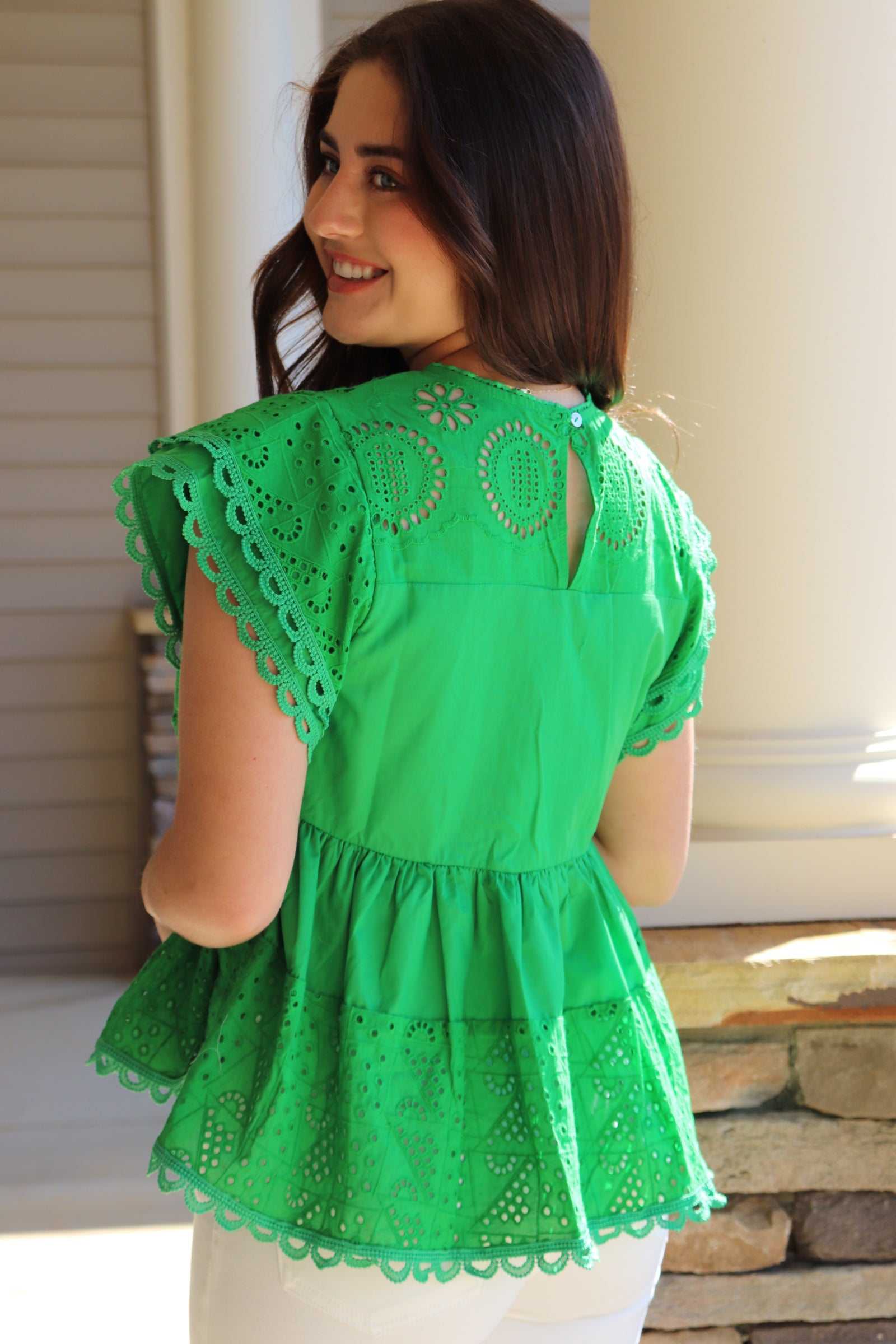 Green Eyelet Short Sleeve Top