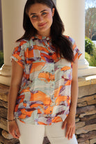 Orange/Purple Print Short Sleeve Blouse