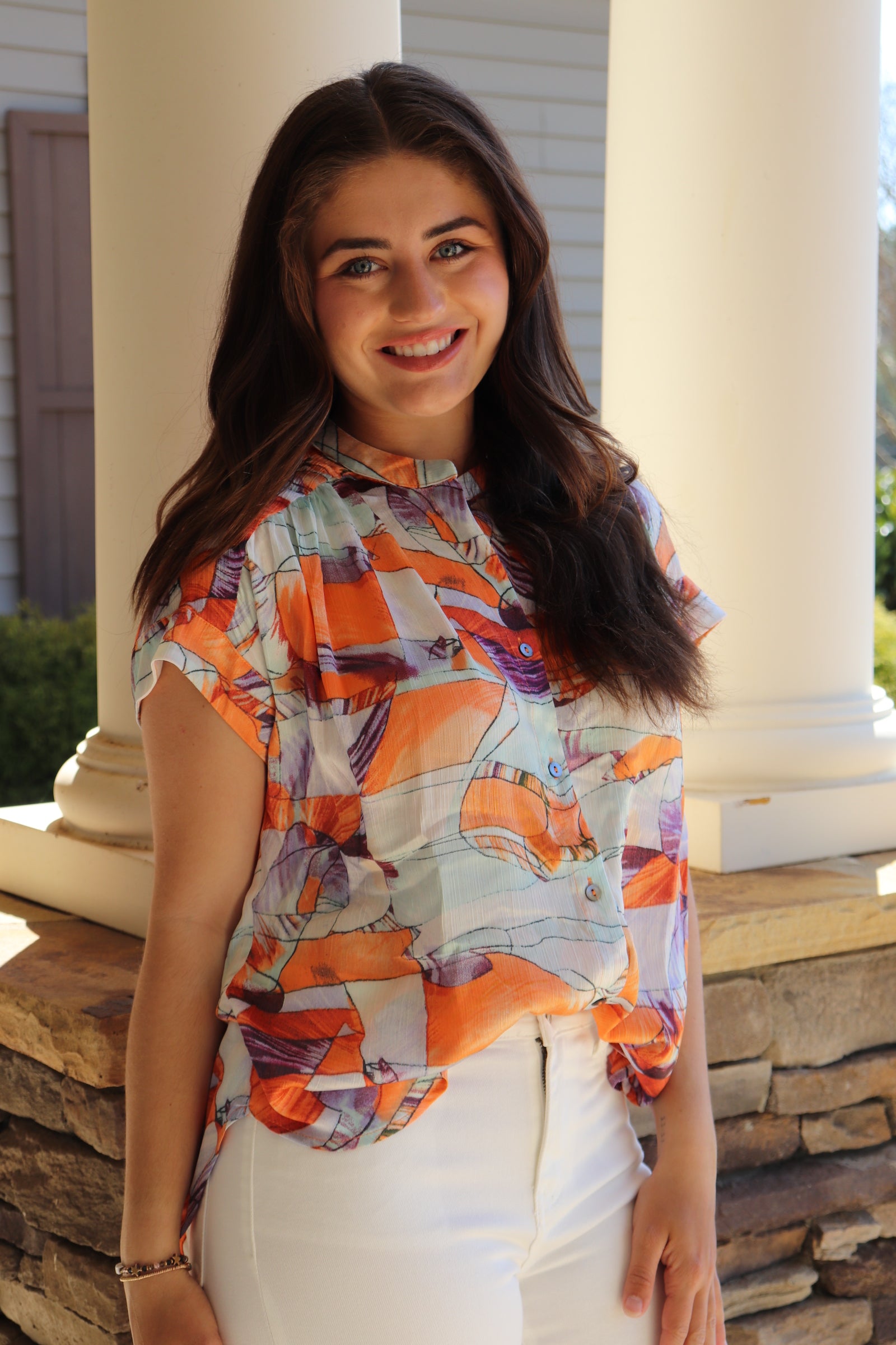 Orange/Purple Print Short Sleeve Blouse